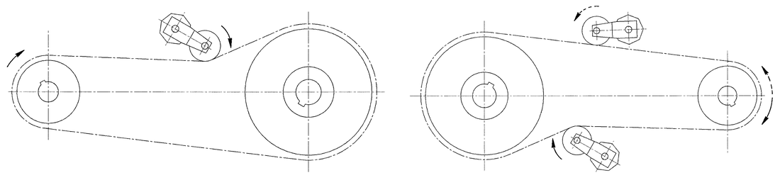 Automatic tensioner mounting positions on the slack side of a belt or chain drive