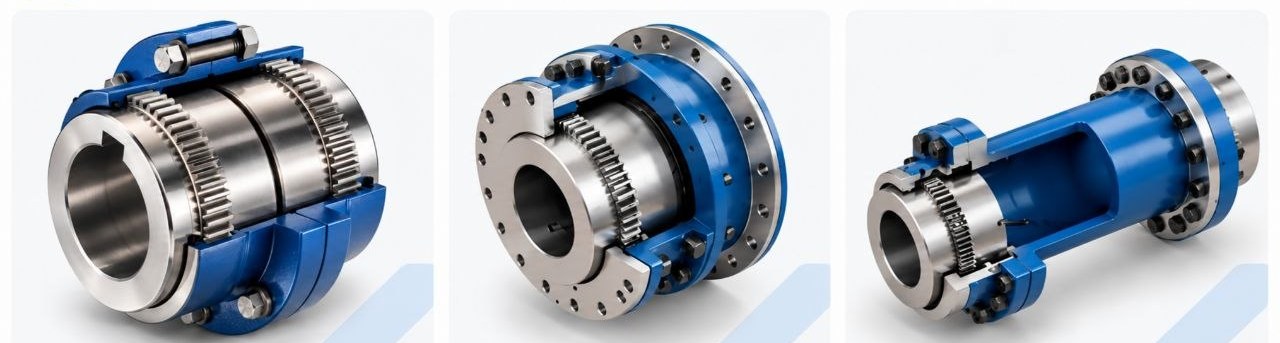 Gear coupling types: continuous sleeve, flanged and spacer gear couplings