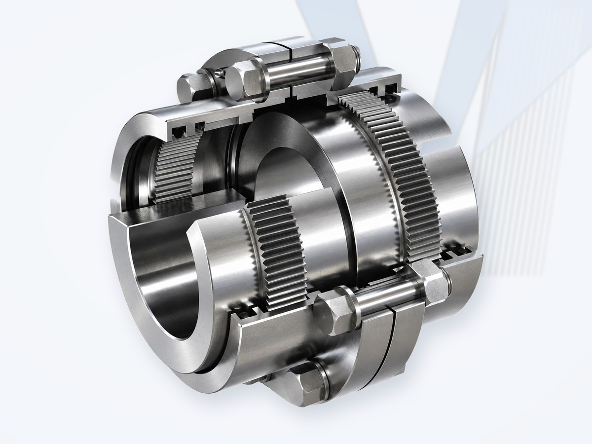 KCP gear coupling, cutaway of sleeve, crowned hub teeth and flange bolts