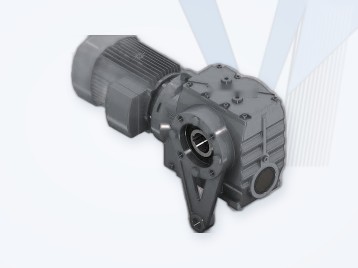 Shaft-mounted helical-worm gearmotor with torque arm, cast iron housing