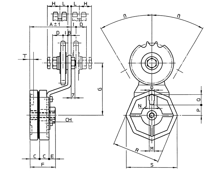 SIT TA-RDF automatic chain tensioner with fixed sprocket - dimension drawing