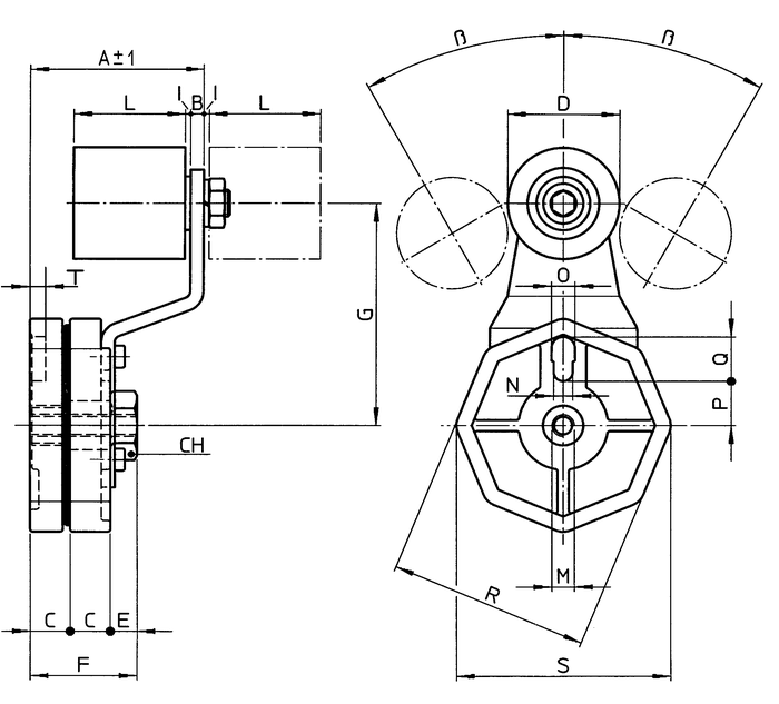 SIT TA-RU automatic belt tensioner with idler - dimension drawing