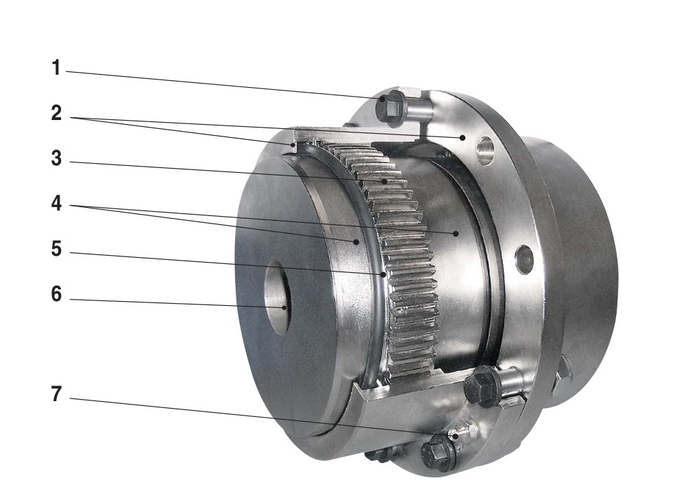 WESTCAR ROTOGEAR RE gear coupling construction: screws, sleeve, crowned teeth, hub, O-rings, bore, lubrication plugs